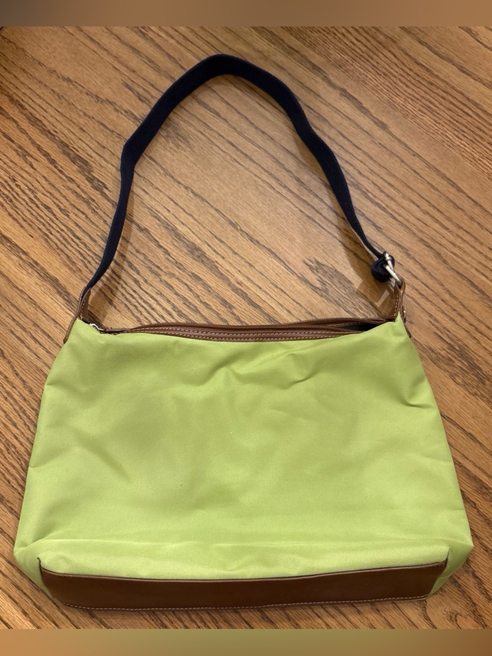90s Tommy Hilfiger Lime Green Nylon Shoulder Bag with Navy Stripe - Picture 2 of 5
